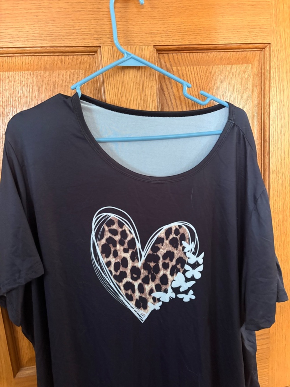 SHEIN Black Tee with Leopard Heart and Blue Sketch